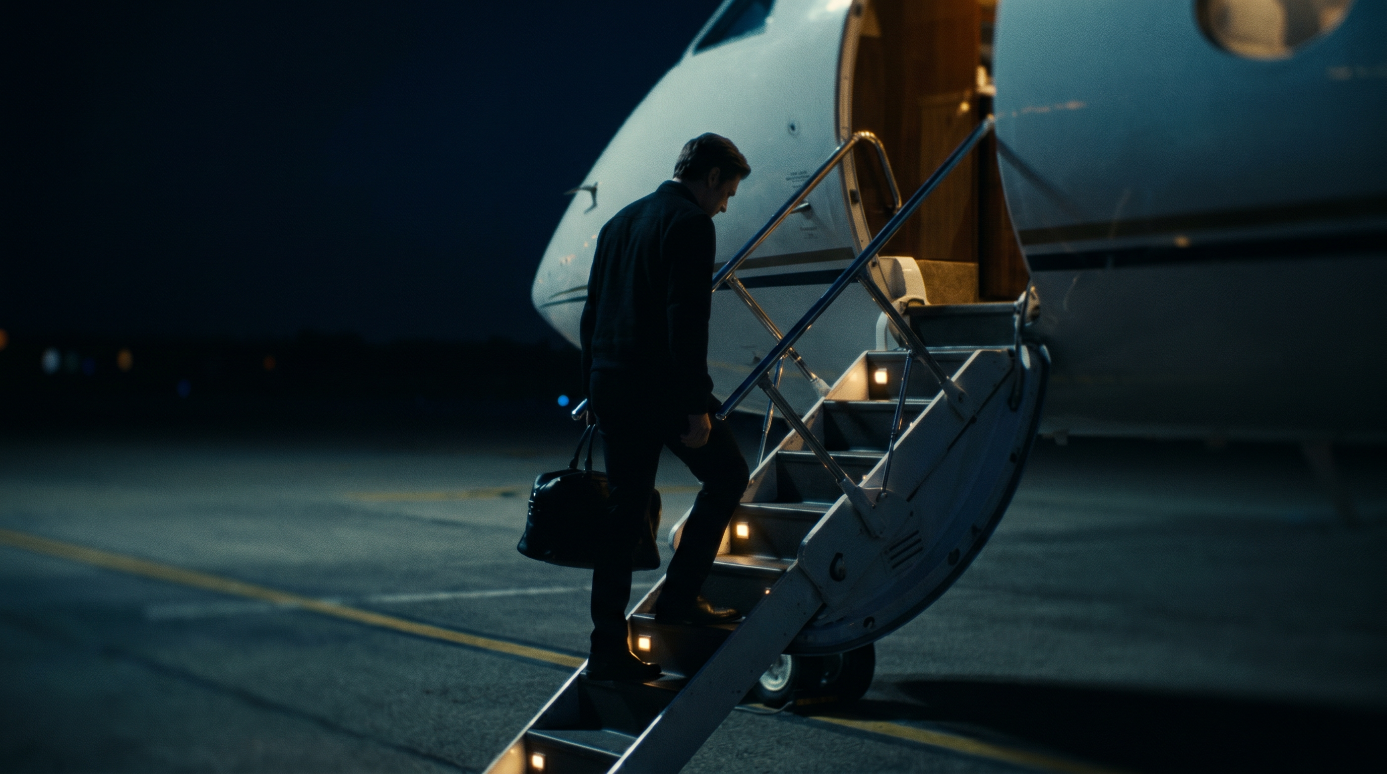 A traveler departing through an empty terminal at dusk