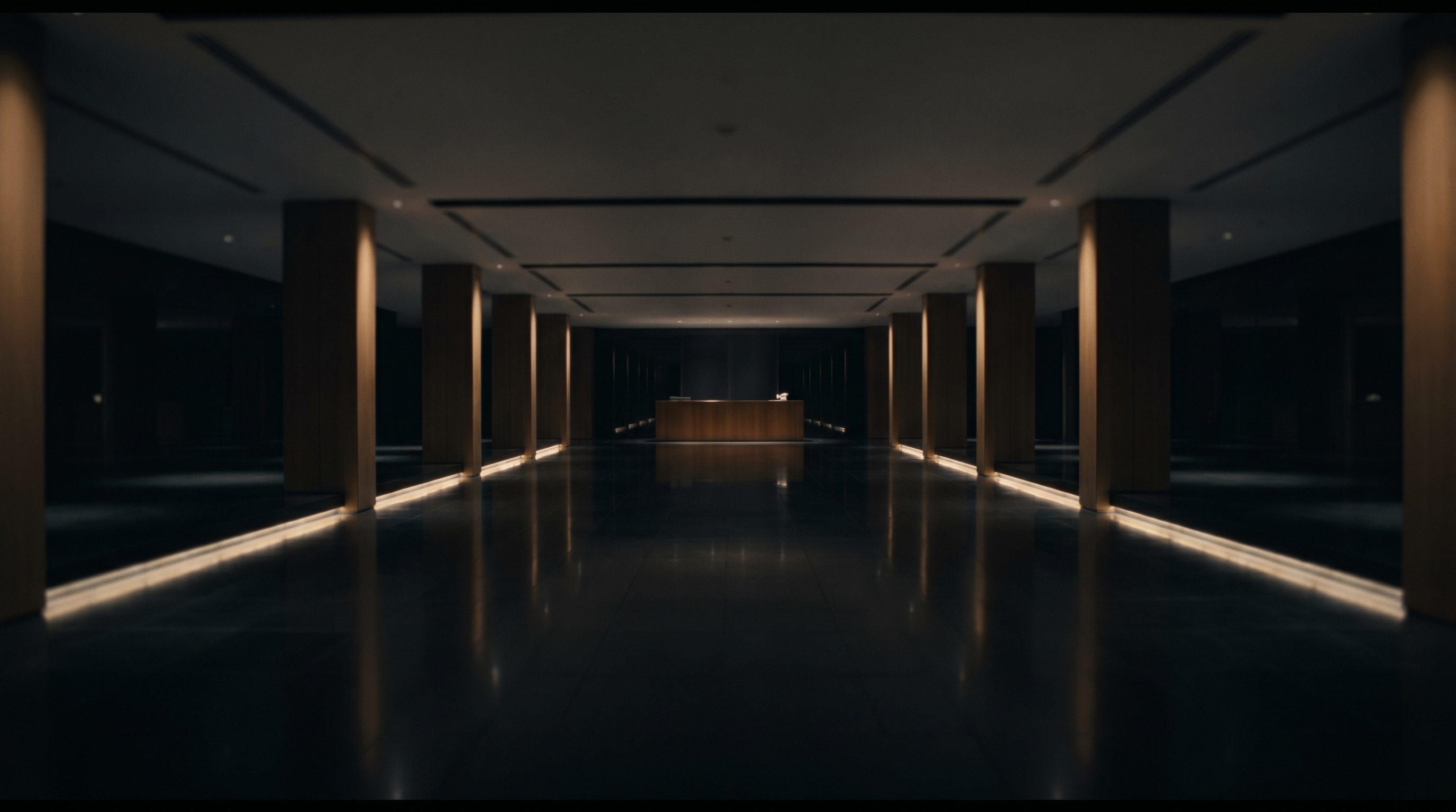 A hushed, low-lit reception lobby