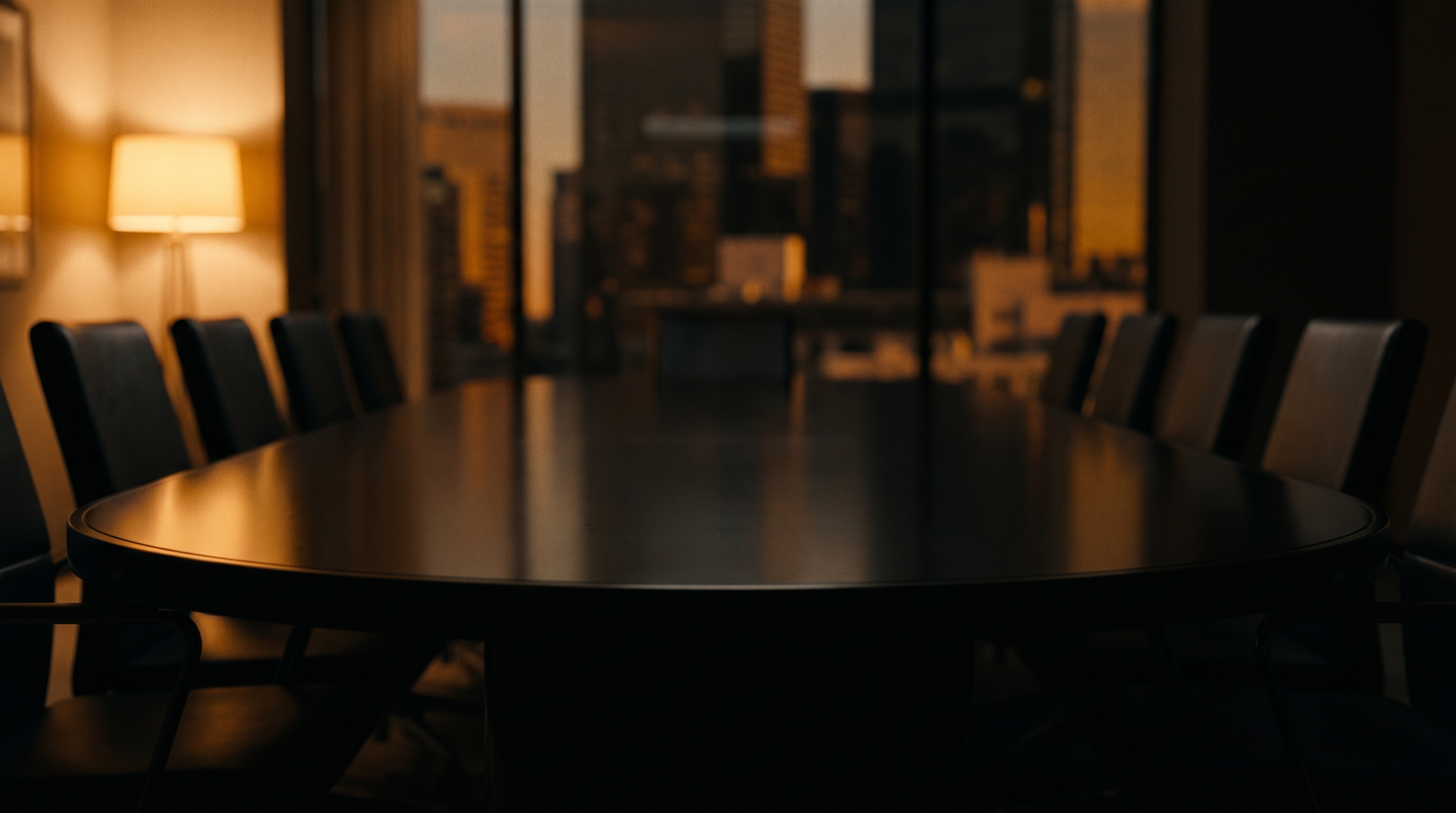 A still, low-lit corporate boardroom