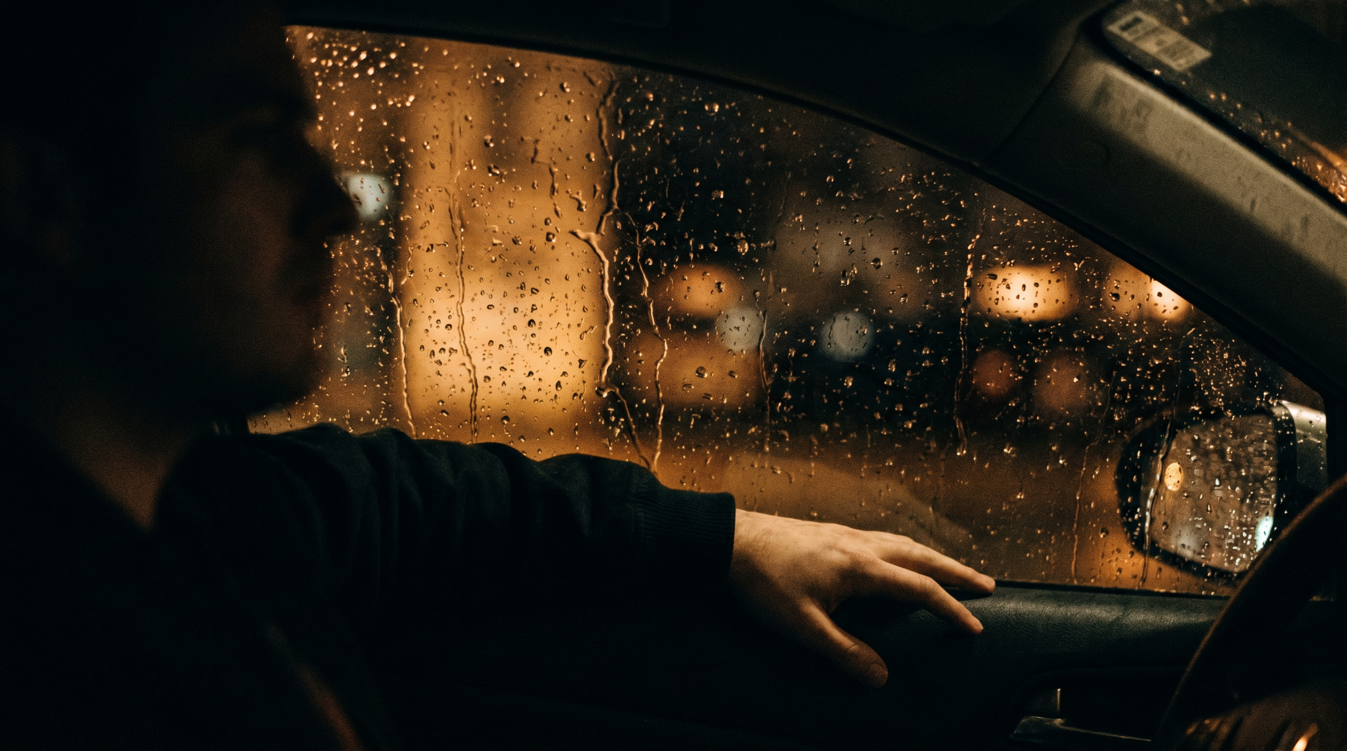 A figure watching the road from a car window at dusk