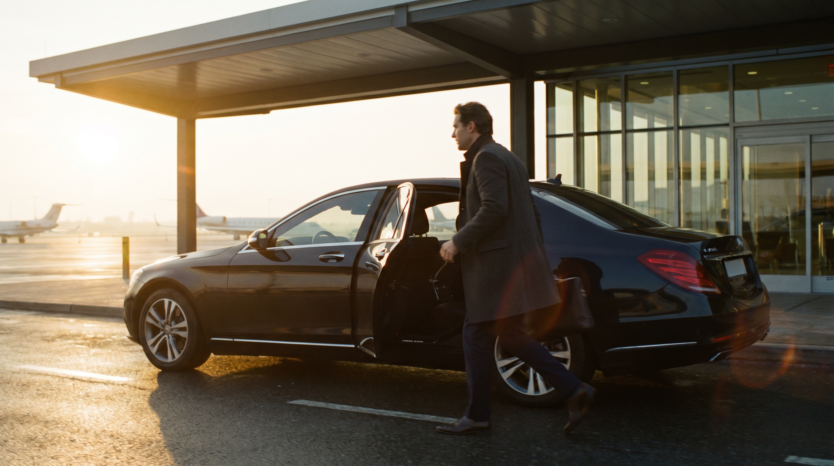 A sleek car waiting at a private terminal in warm golden sunrise light