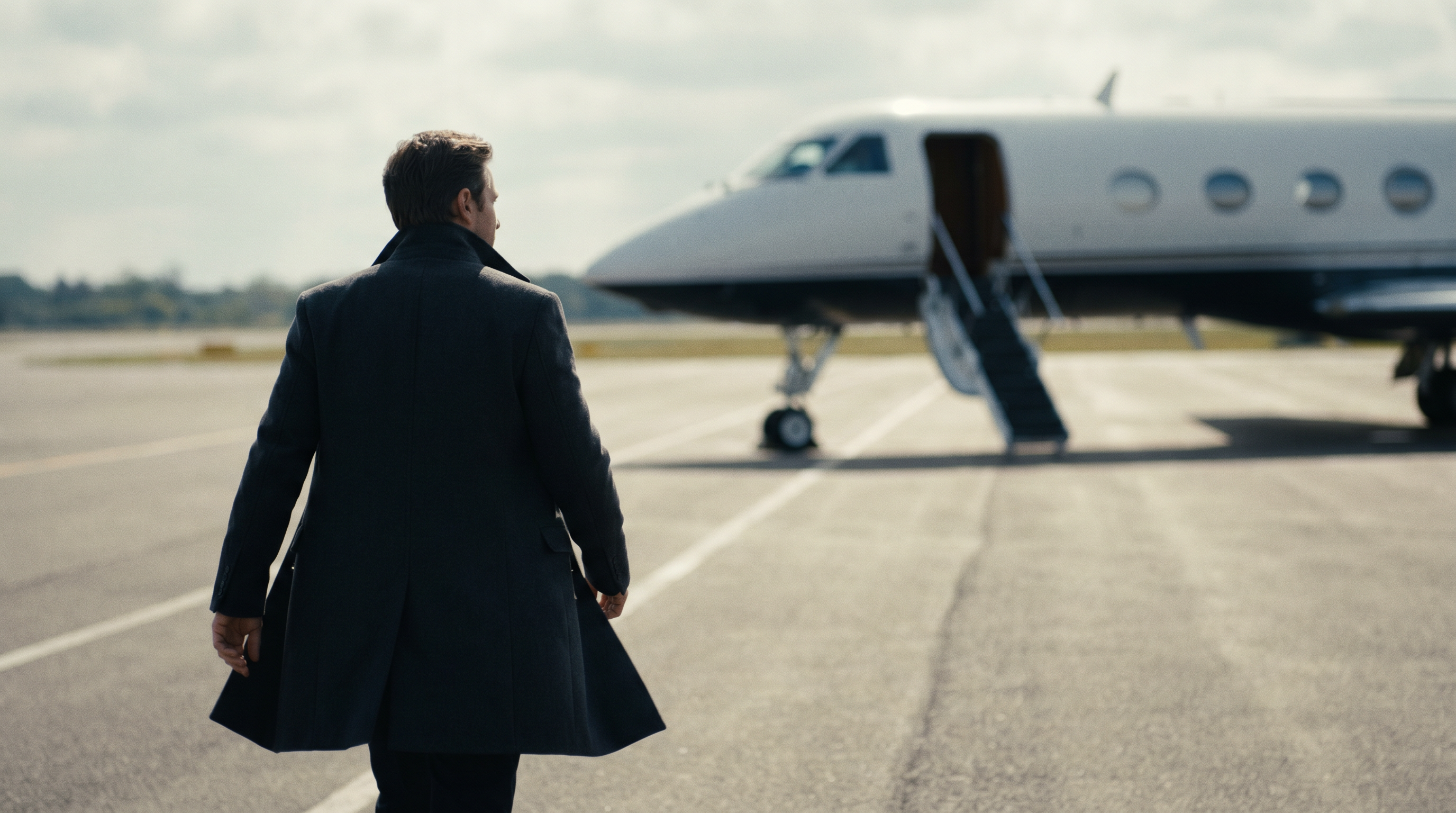 A traveler walking toward a private jet in warm daylight